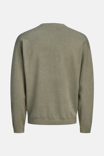 Gilet khaki avec col rond d'ORIGINALS BY JACK & JONES, dos visible, avec des manches longues et une texture fine trée.