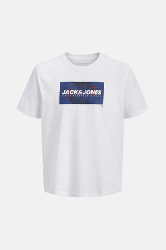 T-shirt blanc à manches courtes de CORE BY JACK & JONES, avec une impression de logo rectangulaire.