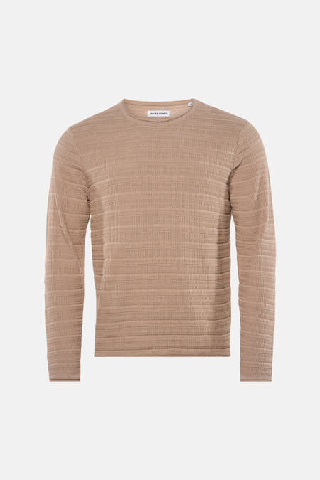 Pull beige à col rond de PREMIUM by JACK & JONES, avec un motif gaufré fin.