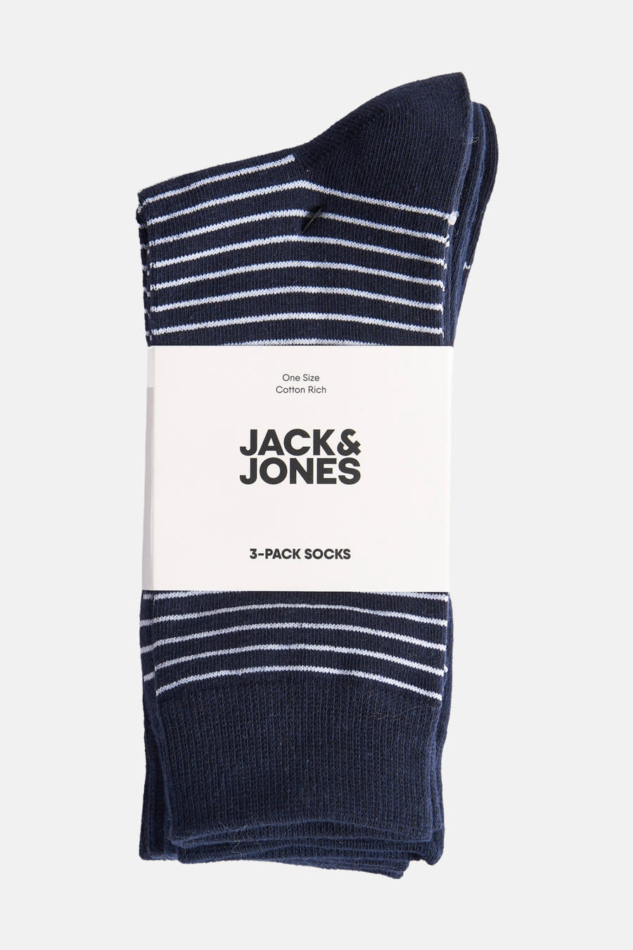 Blauw gestreepte sokken van ACCESSORIES BY JACK & JONES, verpakt per drie paar, in een papieren verpakking.