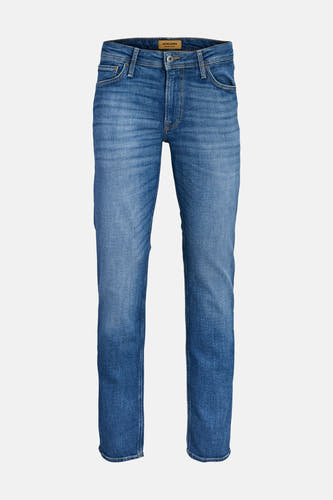 Jean droit en denim bleu moyen de JACK & JONES JEANS INTELLIGENCE avec délavage subtil et style classique à cinq poches.