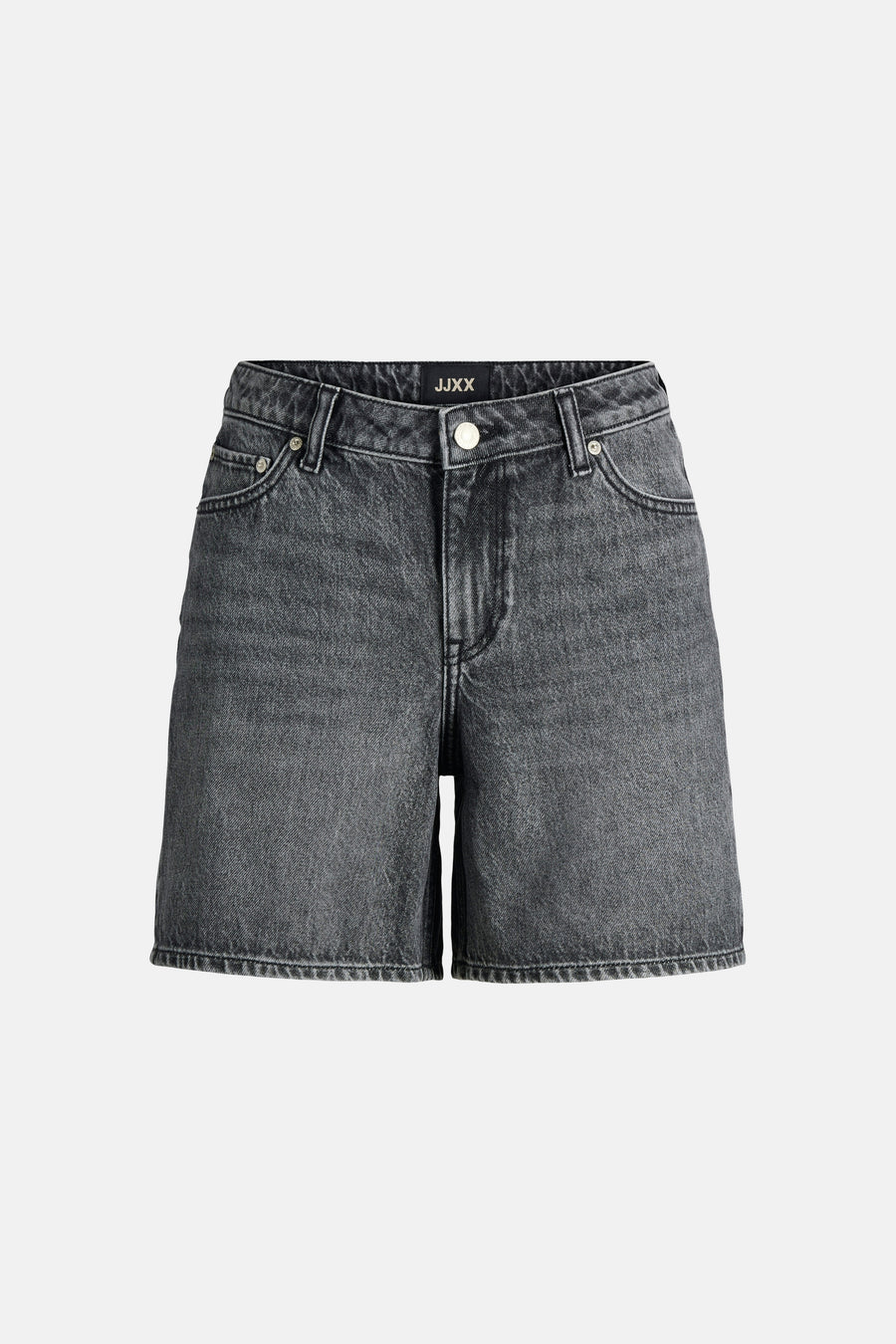 Short en jean gris foncé de JJXX avec fermeture à boutons, passants de ceinture et poches avant avec rivets argentés.