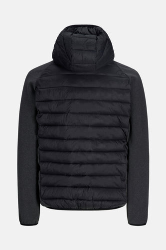 Donkergrijs donsjack met capuchon.