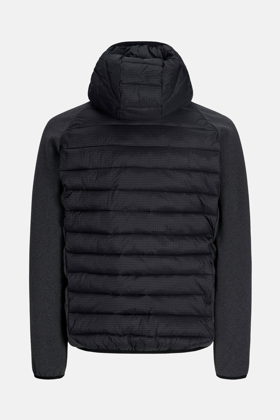 Donkergrijs donsjack met capuchon.
