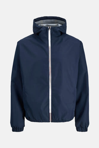 Manteau court bleu d'ORIGINALS BY JACK & JONES, avec capuche et fermeture éclair blanche à l'avant.