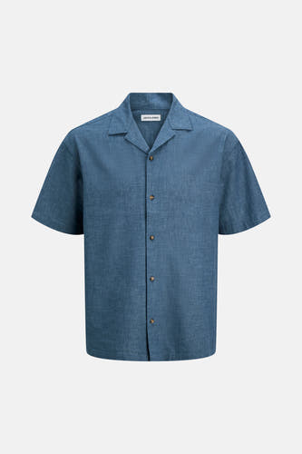 Chemise bleue à manches courtes de PREMIUM by JACK & JONES, avec fermeture boutonnée et col ouvert.