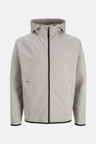 Gilet gris de CORE BY JACK & JONES avec longues manches, capuchon et fermeture éclair noire.