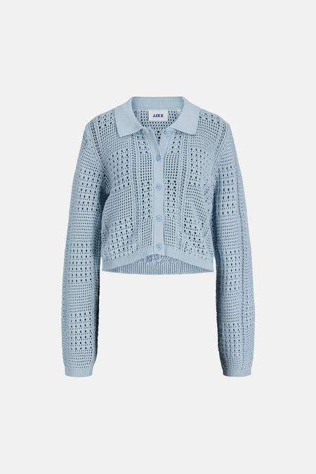 Gilet en maille bleu de JJXX, avec un col polo et une fermeture à boutons, en maille ajour ouverte.