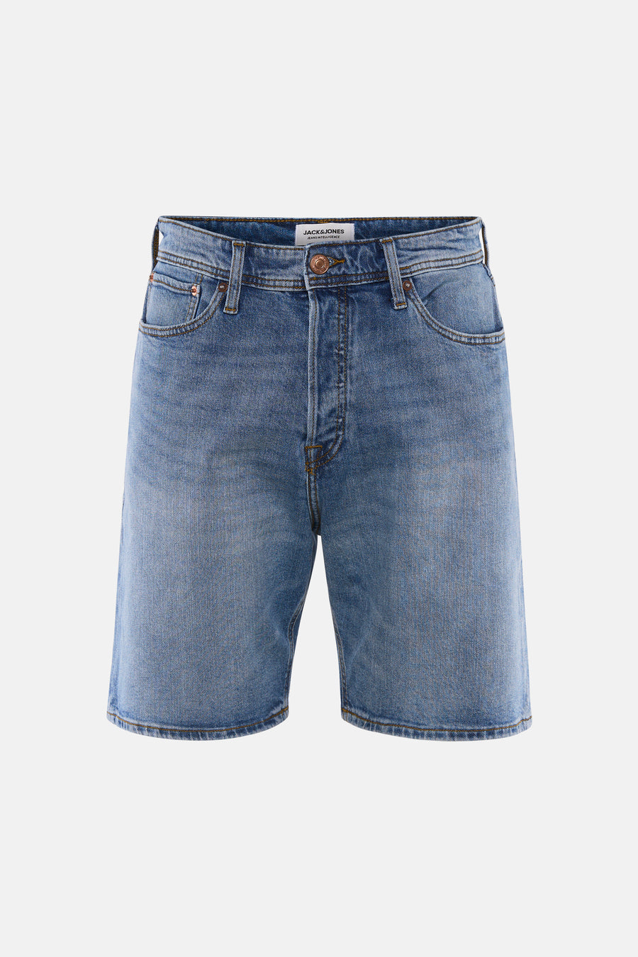 Short en jean de couleur bleu moyen de JACK & JONES JEANS INTELLIGENCE avec fermeture à boutons et poches avant.