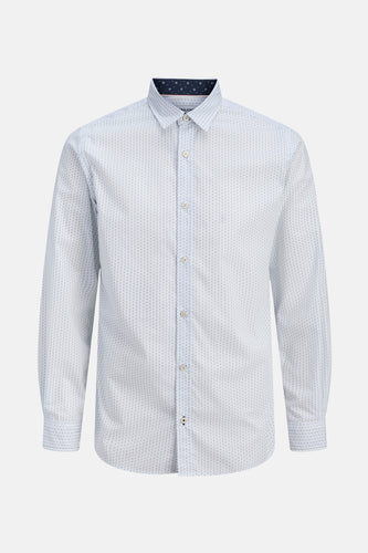 Wit overhemd met blauwe stippen.