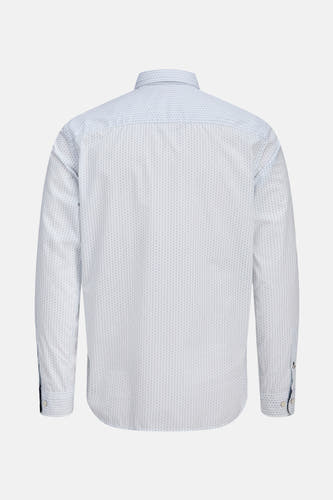 Chemise blanche à manches longues de PREMIUM by JACK & JONES, avec un fin motif bleu, vue de derrière.