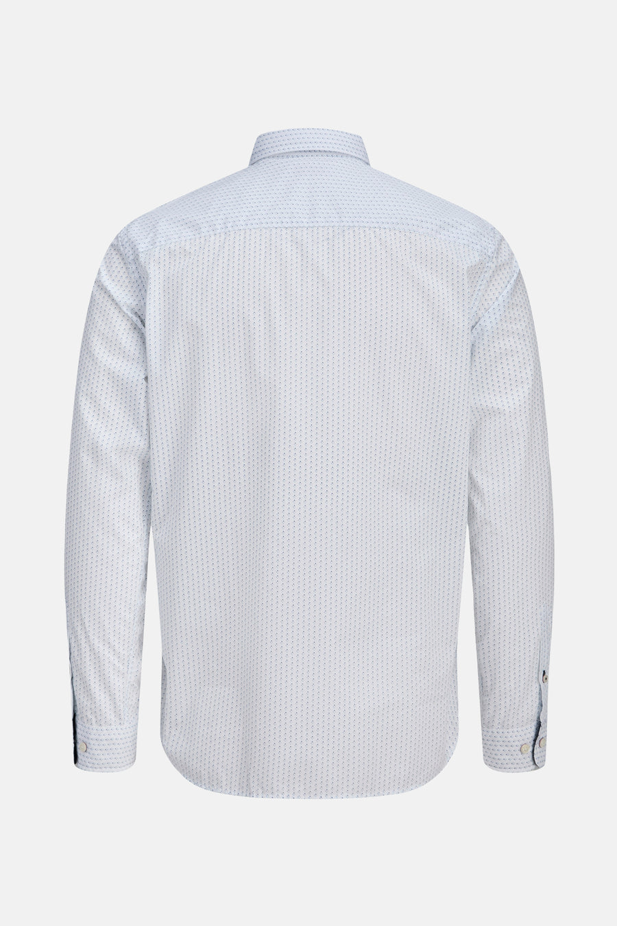 Achterkant van een wit overhemd met blauwe stippen.