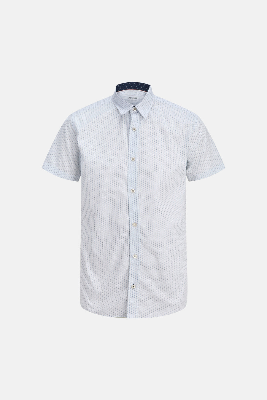 Chemise blanche à manches courtes de PREMIUM by JACK & JONES, avec des pois bleus et un intérieur de col bleu foncé.