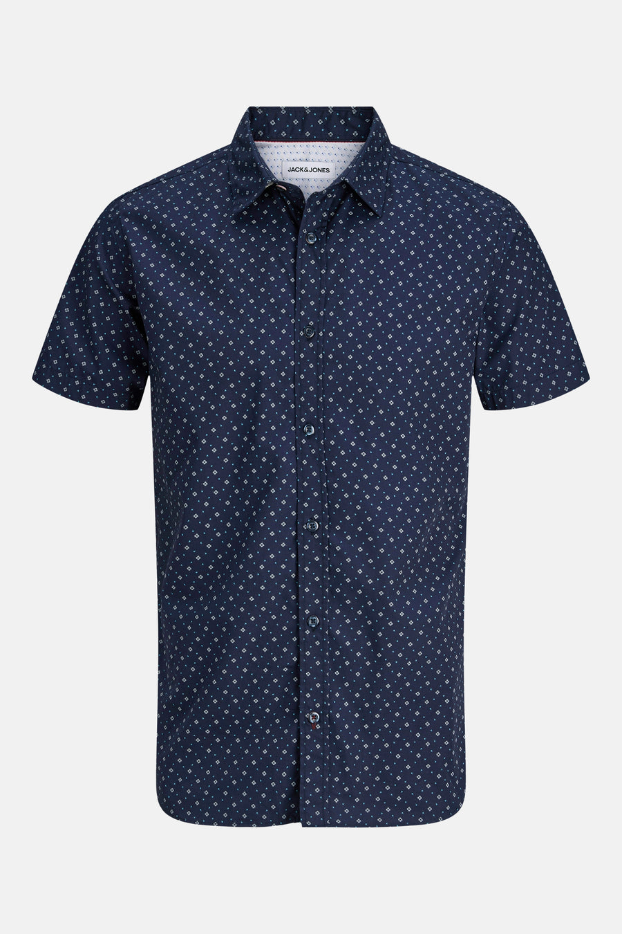 Chemise bleue à manches courtes de PREMIUM by JACK & JONES, avec un motif géométrique fin et une fermeture boutonnée.
