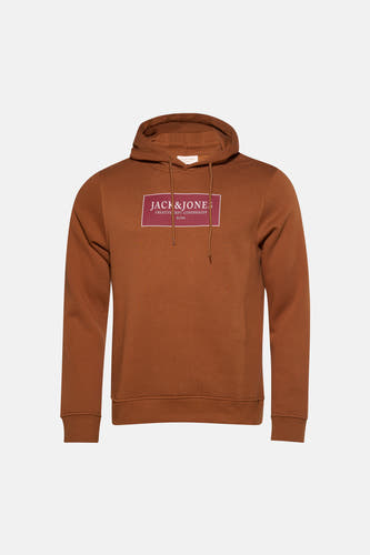 Sweat à capuche marron Originals by Jack & Jones, avec un logo rectangulaire sur la poitrine et des cordons de serrage.