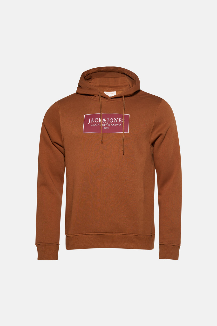 Sweat à capuche marron Originals by Jack & Jones, avec un logo rectangulaire sur la poitrine et des cordons de serrage.
