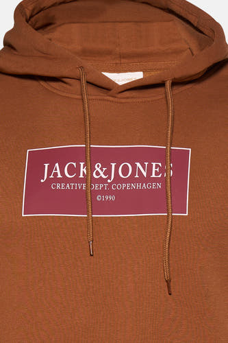 Sweat à capuche marron de ORIGINALS BY JACK & JONES, avec cordon de serrage et un imprimé rectangulaire sur la poitrine.