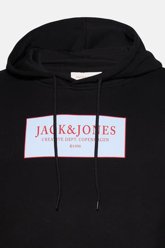 Sweatshirt noir à capuche de ORIGINALS BY JACK & JONES, avec un imprimé graphique sur la poitrine.