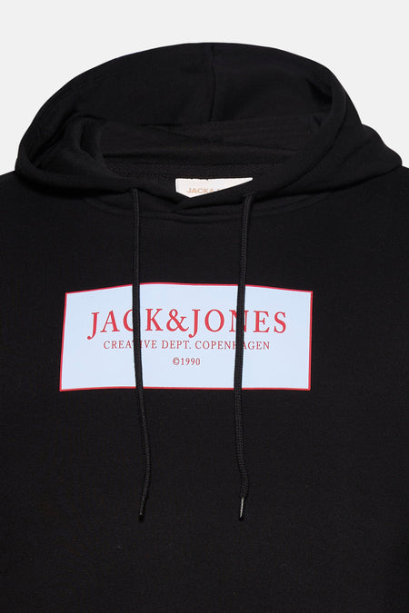 Sweatshirt noir à capuche de ORIGINALS BY JACK & JONES, avec un imprimé graphique sur la poitrine.