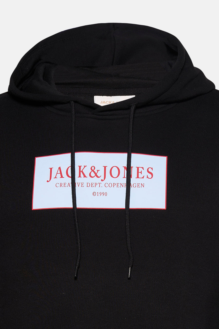 Sweatshirt noir à capuche de ORIGINALS BY JACK & JONES, avec un imprimé graphique sur la poitrine.