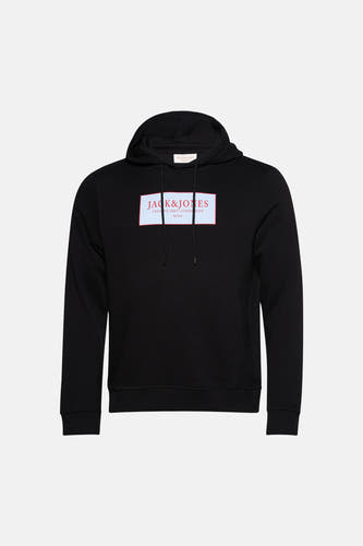 Sweatshirt noir à capuche de ORIGINALS BY JACK & JONES, avec un logo rectangulaire sur la poitrine.