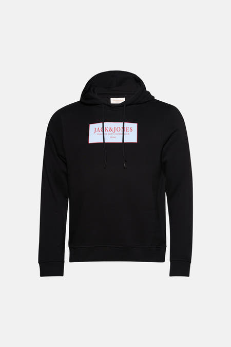 Sweatshirt noir à capuche de ORIGINALS BY JACK & JONES, avec un logo rectangulaire sur la poitrine.