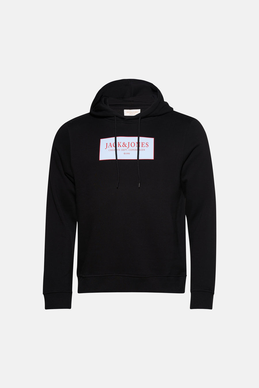 Sweatshirt noir à capuche de ORIGINALS BY JACK & JONES, avec un logo rectangulaire sur la poitrine.