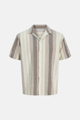Chemise beige à manches courtes de ORIGINALS BY JACK & JONES, avec un motif rayé et une fermeture à boutons.