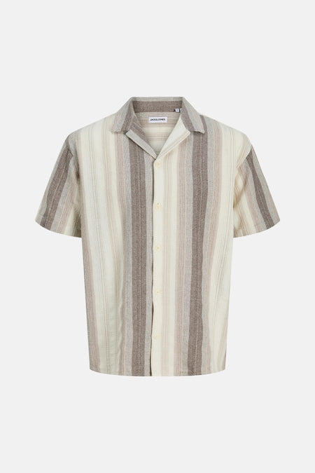 Chemise beige à manches courtes de ORIGINALS BY JACK & JONES, avec un motif rayé et une fermeture à boutons.