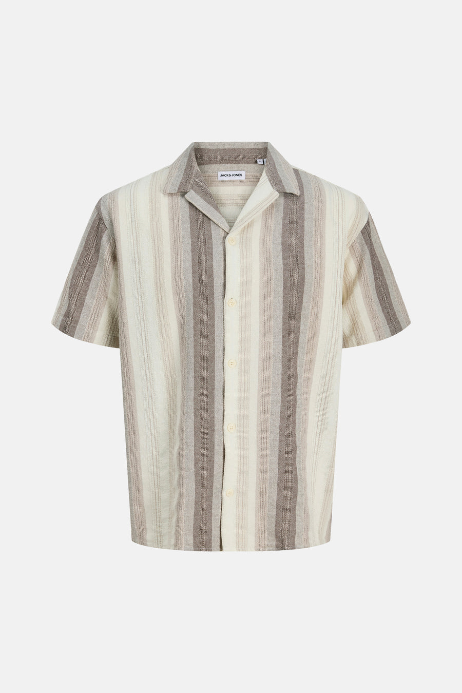 Chemise beige à manches courtes de ORIGINALS BY JACK & JONES, avec un motif rayé et une fermeture à boutons.