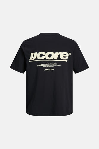 T-shirt noir à manches courtes de CORE BY JACK & JONES, avec une impression de logo blanc sur le dos.