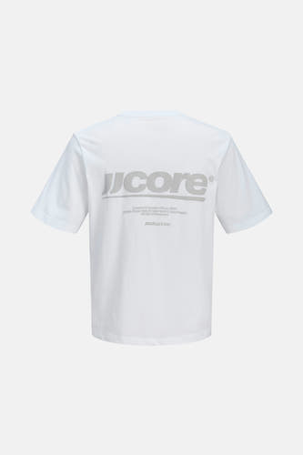 T-shirt blanc à manches courtes de CORE BY JACK & JONES, avec un logo sur le dos.