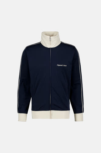 Gilet bleu de ORIGINALS BY JACK & JONES avec des rayures blanches le long des manches et un col et un ourlet beiges.