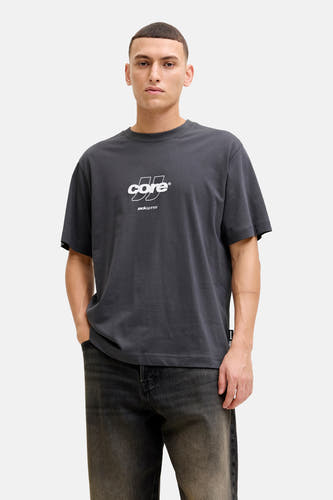 T-shirt gris à manches courtes de CORE by JACK & JONES, avec un imprimé logo blanc sur la poitrine.