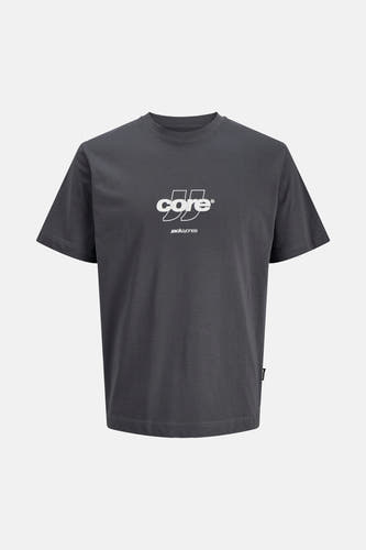 T-shirt gris à manches courtes de CORE BY JACK & JONES, avec un logo blanc sur la poitrine.
