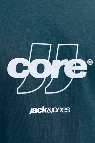T-shirt à manches courtes bleu de CORE BY JACK & JONES, avec impression blanche du nom de la marque et du logo.