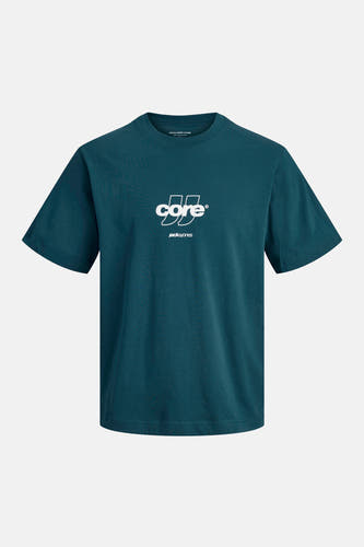 T-shirt à manches courtes bleu de CORE by JACK & JONES, avec un imprimé blanc sur la poitrine.