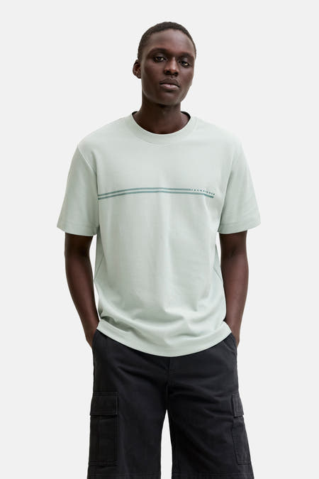 Lichtgroene korte mouw T-shirt van CORE BY JACK & JONES met horizontale strepen en logo, front view, casual fit