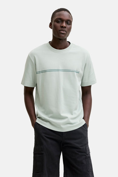 Lichtgroene korte mouw T-shirt van CORE BY JACK & JONES met horizontale strepen en logo, front view, casual fit
