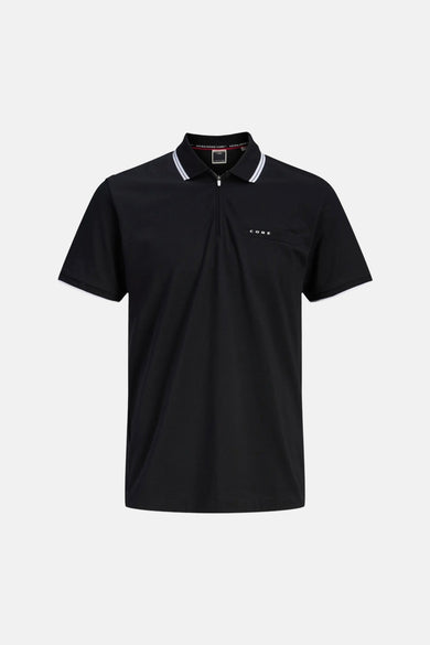 Polo noire à manches courtes de CORE BY JACK & JONES avec col rayé, fermeture éclair et 'CORE' sur la poitrine.