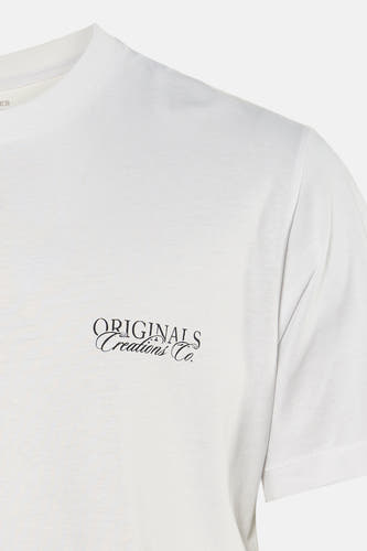 T-shirt blanc à manches courtes de ORIGINALS BY JACK & JONES, avec un imprimé texte décoratif noir sur la poitrine.