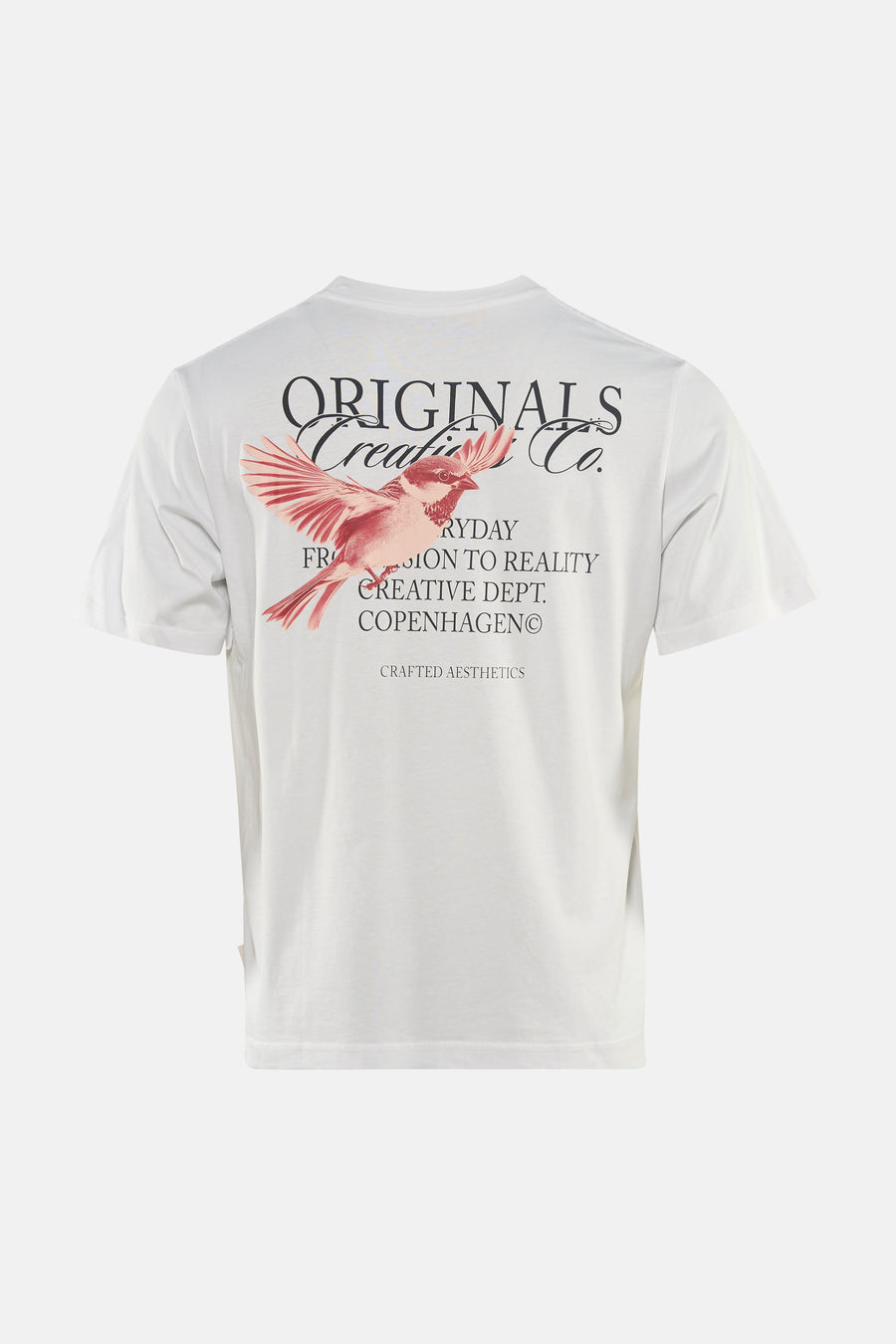 T-shirt blanc à manches courtes de ORIGINALS BY JACK & JONES, avec un imprimé d'oiseau et du texte au dos.