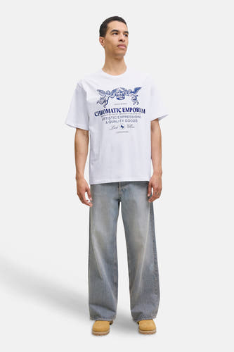 T-shirt blanc à manches courtes d'ORIGINALS BY JACK & JONES, avec une impression bleue d'anges et de texte.