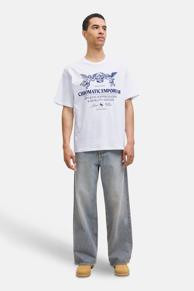 T-shirt blanc à manches courtes d'ORIGINALS BY JACK & JONES, avec une impression bleue d'anges et de texte.