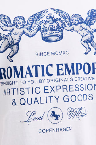 T-shirt blanc à manches courtes d'ORIGINALS BY JACK & JONES, avec du texte bleu et des images inspirées par l'ange.