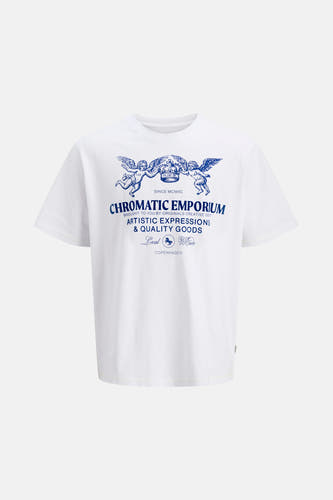 T-shirt blanc à manches courtes d'ORIGINALS BY JACK & JONES, avec une impression bleue d'anges et de texte.