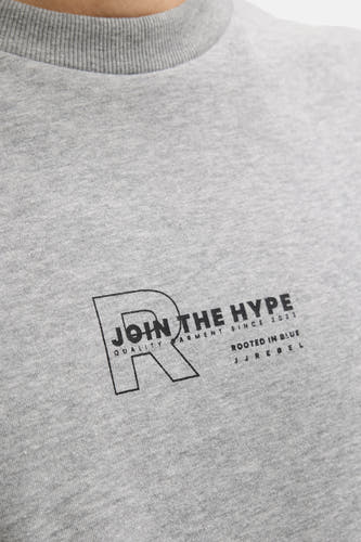 Pull gris de JJREBEL, avec un logo imprimé sur la poitrine et un col rond.