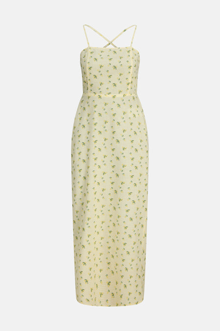 Robe jaune sans manches de JJXX avec motif à carreaux, imprimé citron et bretelles spaghetti croisées.