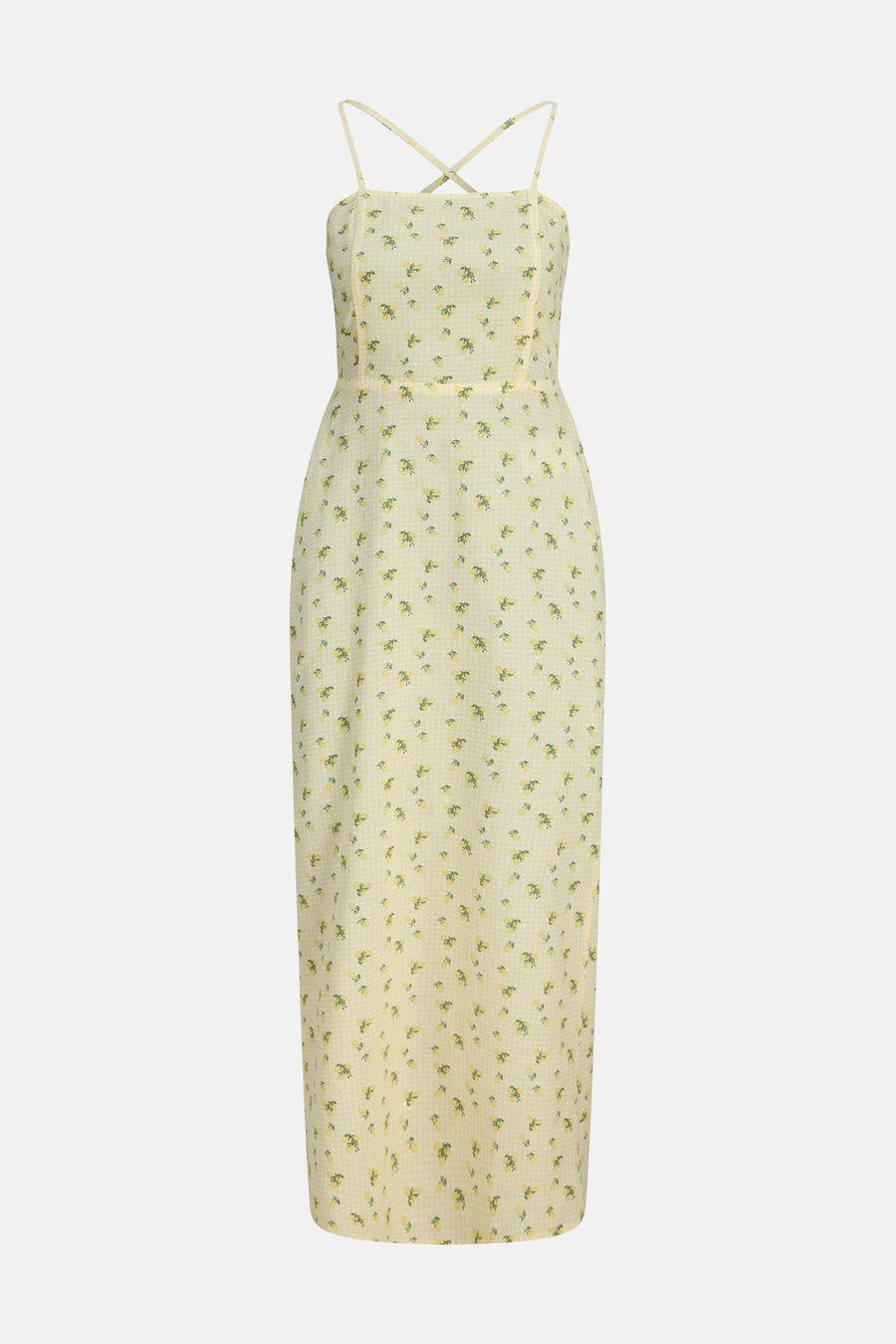 Robe jaune sans manches de JJXX avec motif à carreaux, imprimé citron et bretelles spaghetti croisées.