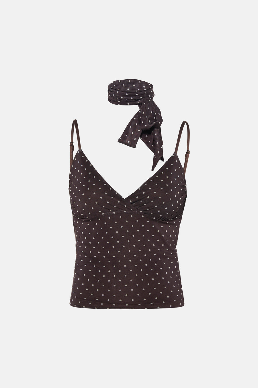 Blouse marron sans manches de JJXX avec fines bretelles, pois blancs, col en V et écharpe assortie.